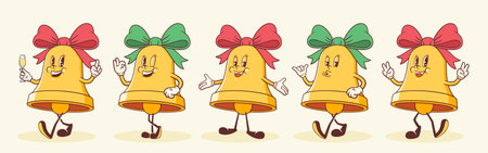 Groovy Christmas Retro Bell Characters Set. Cartoon Decorative Tree Chimes Vector Winter Holiday Mascot Templates. Happy Vintage Cool New Year Personage Illustrations Collection Isolatedのイラスト素材