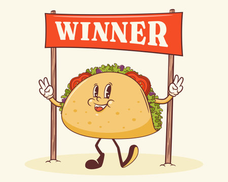 Groovy Taco Winner Retro Character Illustration. Cartoon Mexican Food Walking and Smiling under Finish Line Banner. Vector Fast Food Mascot Template. Happy Vintage Street Food Cool Drawing Isolatedのイラスト素材