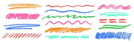 Crayon Line Stroke Vector Set. Chalk Scribble Underline Shapes Collection. Color Hand Drawn Brush Texture Highlight Squiggle. Pencil Emphasis Elements Charcoal Doodle Dividers Bundleのイラスト素材