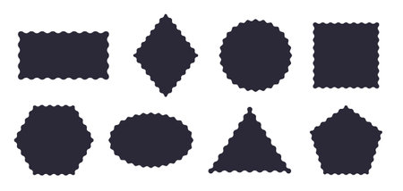 Frames Scalloped Vector Corrugated Shapes Set. Scallop Frame Wavy Retro Stickers Collection. Zig Zag Edge Geometric Borders Tag Boxes. Wiggle Line Design Sign Backgrounds. Isolatedのイラスト素材