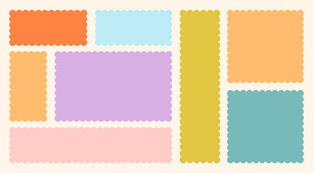 Frames Scalloped Vector Corrugated Bento Grid Shapes Set. Scallop Frame Wavy Retro Stickers Collection. Zig Zag Edge Geometric Borders Tag Boxes. Wiggle Line Design Sign Background. Isolatedのイラスト素材