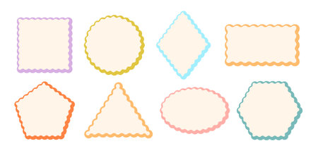 Frames Scalloped Vector Corrugated Shapes Set. Scallop Color Frame Wavy Retro Stickers Collection. Zig Zag Edge Geometric Borders Tag Boxes. Wiggle Line Design Sign Backgrounds. Isolatedのイラスト素材