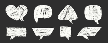 Chalk Speech Bubbles Vector Set. Crayon Scribble Talking Clouds Shapes Collection. Blackboard Hand Drawn Brush Texture Dialogue Frames. Pencil Emphasis Elements Charcoal Doodle Talk Balloons Bundleのイラスト素材