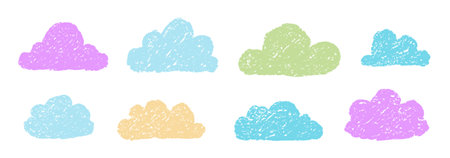 Crayon Clouds Bubbles Vector Set. Chalk Scribble Foggy Shapes Collection. Black Hand Drawn Brush Texture Dialogue Frames. Pencil Emphasis Elements Charcoal Doodle Sky Balloons Bundleのイラスト素材
