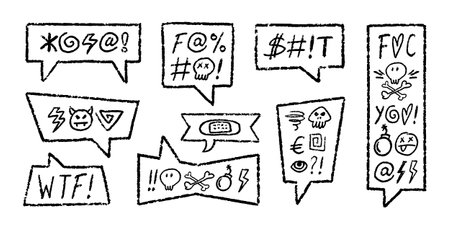 Crayon Speech Bubbles with Abstract Swear Words Vector Set. Chalk Scribble Talking Clouds Collection. Hand Drawn Rude Curse Angry Expressions. Pencil Emphasis Elements Charcoal Doodle Talk Balloonsのイラスト素材