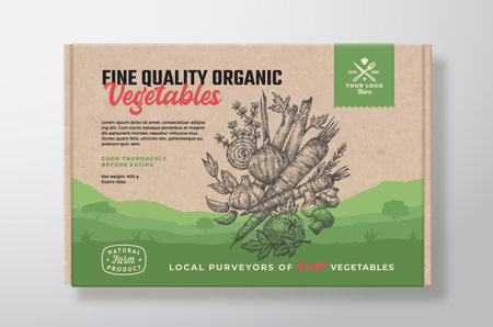 Organic Vegetables Vector Packaging Label Design on a Craft Cardboard Box Container Modern Typography and Hand Drawn Herbs, Seasonings, Mushrooms and Vegetables Background Layoutのイラスト素材