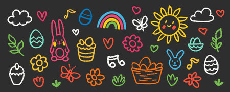 Crayon Pencil Colorful Easter Squiggles Vector Set. Chalk Scribble Spring Shapes Collection. Hand Drawn Brush Texture Holiday Flowers, Bunny and Eggs Squiggles. Pencil Childish Girly Charcoal Doodlesのイラスト素材