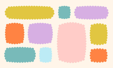 Frames Scalloped Vector Corrugated Bento Grid Shapes Set. Scallop Frame Wavy Retro Stickers Collection. Zig Zag Edge Geometric Borders Tag Boxes. Wiggle Line Design Sign Background. Isolatedのイラスト素材