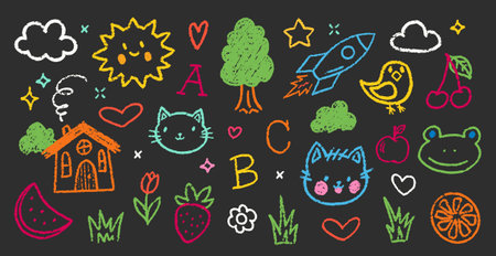 Chalk Colorful Kindergarten Squiggles Vector Set. Crayon Pencil Scribble Spring Shapes Collection. Hand Drawn Brush Texture Flowers, Animals, Hearts Squiggles. Pencil Childish Girly Charcoal Doodlesのイラスト素材