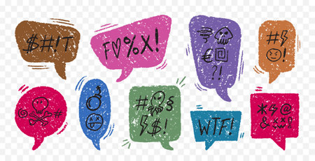 Crayon Speech Bubbles with Abstract Swear Words Vector Set. Chalk Scribble Talking Clouds Collection. Hand Drawn Rude Curse Angry Expressions. Pencil Emphasis Elements Charcoal Doodle Talk Balloonsのイラスト素材