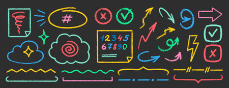 Crayon Line Stroke Vector Set. Chalk Scribble Underline Shapes Collection. Blackboard Hand Drawn Brush Texture Highlight Squiggle. Pencil Emphasis Elements Charcoal Doodle Dividers Bundleのイラスト素材