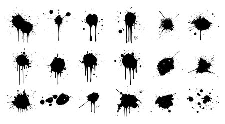 Paint Splash Ink Drips Illustrations Set. Spray Blots Splashes Black Graffiti Brush Strokes Vector Inkblot Spots Collection. Inky Grunge Texture Design Elements with Dirty Dusty Effect. Liquid Blobsのイラスト素材
