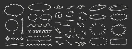 Chalk Line Stroke Blackboard Arrows Vector Set. Crayon Scribble Underline Shapes Collection. Color Hand Drawn Brush Texture Highlight Squiggle. Pencil Emphasis Elements Charcoal Doodle Dividers Bundleのイラスト素材