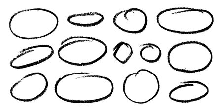 Crayon Circular Shapes Vector Set. Chalk Scribble Round Highlight Collection. Colorful Hand Drawn Brush Texture Dialogue Oval Frames. Pencil Emphasis Elements Charcoal Doodle Talk Balloons Bundleのイラスト素材