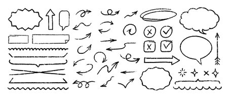 Cute Chalk Pencil Emphasis Squiggles Vector Set. Crayon Scribble Graffiti Arrows Frames Speech Bubbles Underlines. Hand Drawn Brush Texture Star Shapes Highlights. Pencil Childish Charcoal Doodlesのイラスト素材