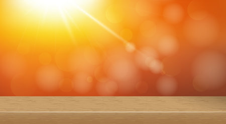 Vector Wooden Top Outdoor Scene Backdrop Mockup. Limbo Abstract 3d Product Presentation. Wall Shelf Promo Showcase Display Tabletop on Sunny Green Blurred Background. Clear Wood Podium Stage Templateのイラスト素材