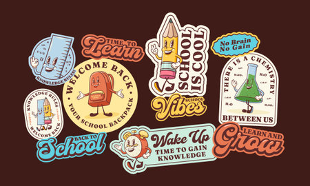 Groovy Back to School Retro Stickers Set Cartoon Alarm Clock, Pencil, Globe, Book, Apple Labels Vector Education Mascot Sticker Templates. Happy Vintage Cool Learning Personage Illustrations Isolatedのイラスト素材
