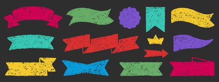 Cute Crayon Pencil Emphasis Squiggles Banners Vector Set. Chalk Scribble Heraldry Arrows Frames Speech Bubbles Underlines Hand Drawn Brush Texture Flag Ribbon Shapes Highlights Pencil Charcoal Doodlesのイラスト素材