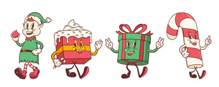 Groovy Christmas Retro Characters Set. Cartoon Decorative Candy Cane, Elf, Gift Box and Cake Vector Winter Holiday Mascot Templates. Happy Vintage Cool New Year Illustrations Collection Isolatedのイラスト素材