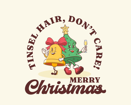 Christmas Groovy Santa Bell and Pine Tree Retro Comic Characters. Cartoon Xmas Personage T-shirt Illustration. Vector Winter Holiday Mascot Template Background. Happy Vintage Cool Drawing Isolatedのイラスト素材