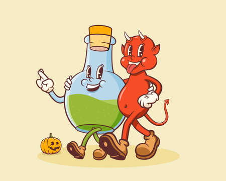 Groovy Halloween Retro Characters. Cartoon Pumpkin, Poison Flask and Imp. Vector Autumn Holiday Devil Mascot Templates. Happy Vintage Cool Scary Personage Illustrations Isolatedのイラスト素材