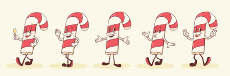 Groovy Christmas Retro Characters Set. Cartoon Santa Candy Cane. Vector Winter Holiday Xmas Sweets Mascot Templates. Happy Vintage Cool New Year Comic Illustrations Collection. Isolatedのイラスト素材
