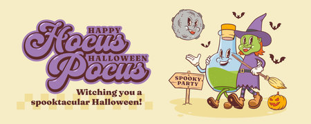 Halloween Groovy Witch with Broom and Poison Flask Retro Characters. Cartoon Pumpkin Helloween Banner. Vector Autumn Holiday Spooky Moon Mascot Template. Happy Vintage Cool Illustration Isolatedのイラスト素材