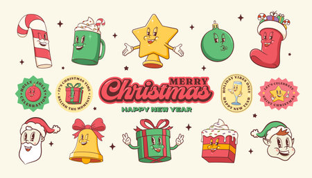 Groovy Christmas Retro Stickers Set. Cartoon Santa Claus, Gingerbread Cake, Latte, Sock, Bell and Gift Box. Vector Winter Holiday Templates. Happy New Year Personage Illustrations Collection. Isolatedのイラスト素材