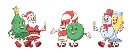 Groovy Christmas Retro Characters Set. Cartoon Santa, Pine Tree, Snowman, Cane and Ball Vector Winter Holiday Xmas Mascot Templates. Happy Vintage Cool New Year Comic Illustrations Collection Isolatedのイラスト素材