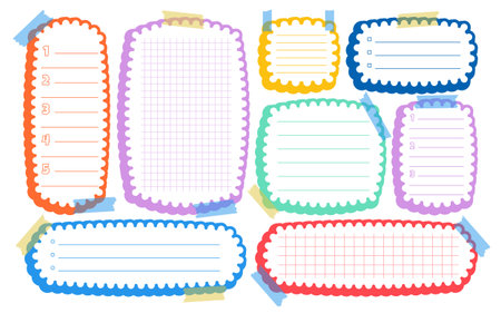 Paper corrugated diary frame memo pages templates set. Cute scallop notebook to do list sheets blank planner notes stickers collection. Sticky tape reminder stationery organizers backgrounds. Isolatedのイラスト素材
