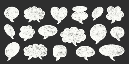 Crayon Speech Bubbles Vector Set. Chalk Blackboard Scribble Talking Clouds Shapes Collection. Hand Drawn Brush Texture Dialogue Frames. Pencil Emphasis Elements Charcoal Doodle Talk Balloons Bundleのイラスト素材