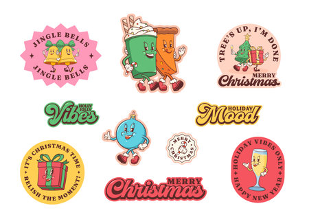 Groovy Christmas Retro Stickers Set. Cartoon Santa Claus, Gingerbread Cake, Latte, Sock, Bell and Gift Box. Vector Winter Holiday Templates. Happy New Year Personage Illustrations Collection. Isolatedのイラスト素材