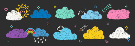 Crayon Clouds Bubbles Vector Set. Chalk Scribble Foggy Shapes Collection. Black Hand Drawn Brush...