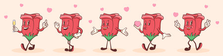 Valentines Day Groovy Rose and Heart Character Set. Cartoon Love Holiday Flower Personages Collection Vector Cute Valentine Mascot Templates Background Happy Vintage Cool Illustrations Bundle Isolatedのイラスト素材
