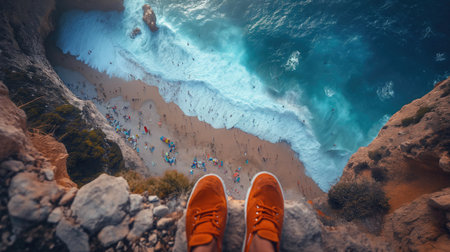 top view of man's legs in hiking boots standing on the edge of a cliff and looking at the seaの写真素材