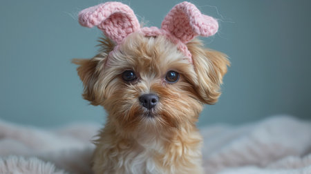 Studio shot of a ShihTzu wearing bunny ears for Easterの写真素材
