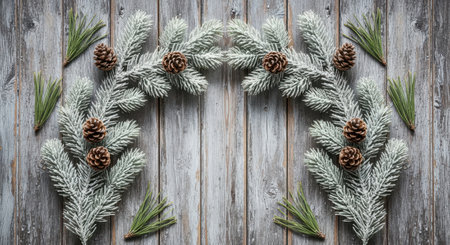 Christmas wreath with fir branches and pine cones on a wooden backgroundの素材