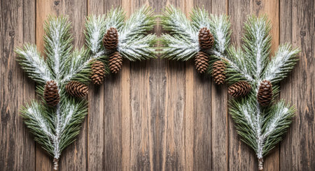 Christmas fir tree branches with cones on wooden background. Top view with copy spaceの素材