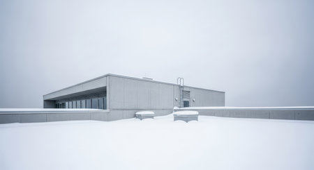 Panoramic view of a modern building covered with snow in a cloudy dayの素材