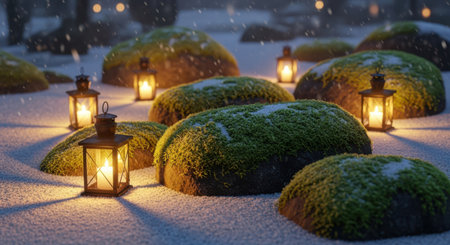 Lanterns on green moss covered stones in the snow.の素材