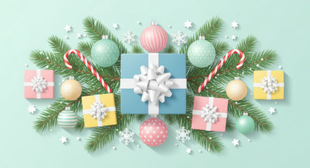 Christmas and New Year background with gift boxes, christmas balls, snowflakes and fir branches. Vector illustration.の素材
