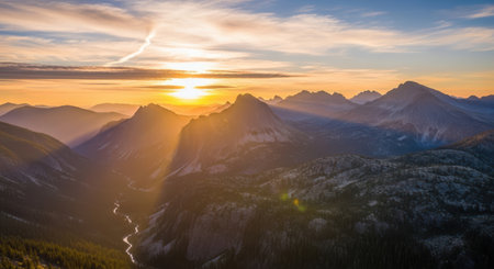 Sunset in the mountains. Panoramic view of the mountains.の素材