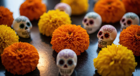 Day of the Dead Sugar Skulls and Marigold flower.の素材