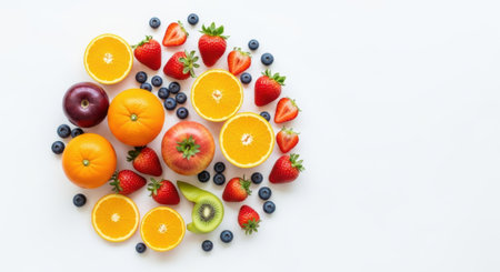 Fruits and berries arranged in a circle on white background, top viewの素材