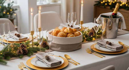 Festive table setting with golden cutlery, candles and christmas decorationsの素材