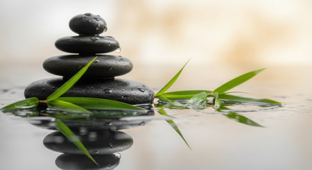 zen basalt stones and bamboo on the water with drops, spa conceptの素材