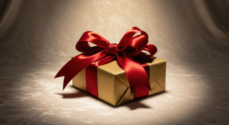 Gift box with red ribbon and bow on a beige backgroundの素材