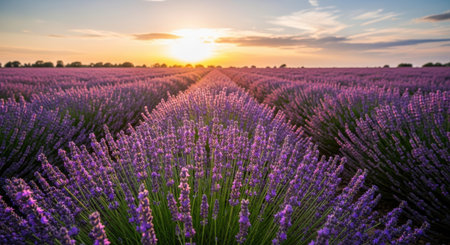 Sunset over lavender field in Provence, France.の素材