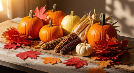 Autumn still life with pumpkins, corn and leaves on wooden backgroundの素材