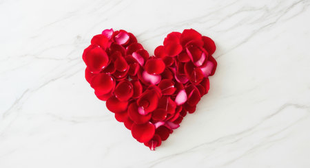 Heart shape made of red rose petals on white marble background.の素材
